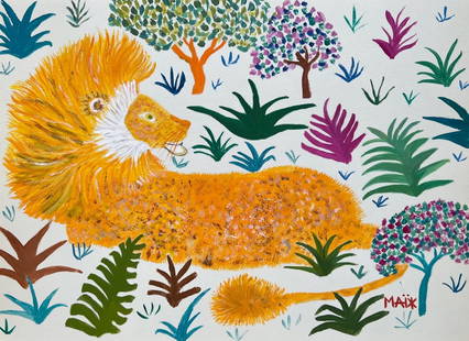 Henri Hecht Maik painting on paper French Primitivism Naive animals lion: Painting on paper. Signed lower right. From a private collection. 8 x 11,2 in. (20,7 x 28,5 cm). Henri Hecht Maik (1922-1993, French). It is being sold in the manner or style of the artist. Depicts a