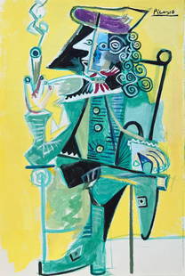 Pablo Picasso tempera on paper Spanish Cubist smoking musketeer: Tempera on paper, painting. Signed upper right. From a private collection. 8,9 x 13 in. (22,5 x 33 cm). Pablo Picasso (1881-1973, Spanish). It is being sold in the manner or style of the artist. The