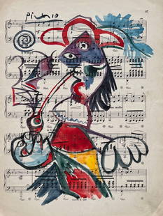 Pablo Picasso watercolor painting Spanish Cubist music paper musketeer: Watercolor on music paper, painting. Signed upper left. From a private collection. 9,1 x 12,2 in. (23,2 x 31 cm). Pablo Picasso (1881-1973, Spanish). It is being sold in the manner or style of the