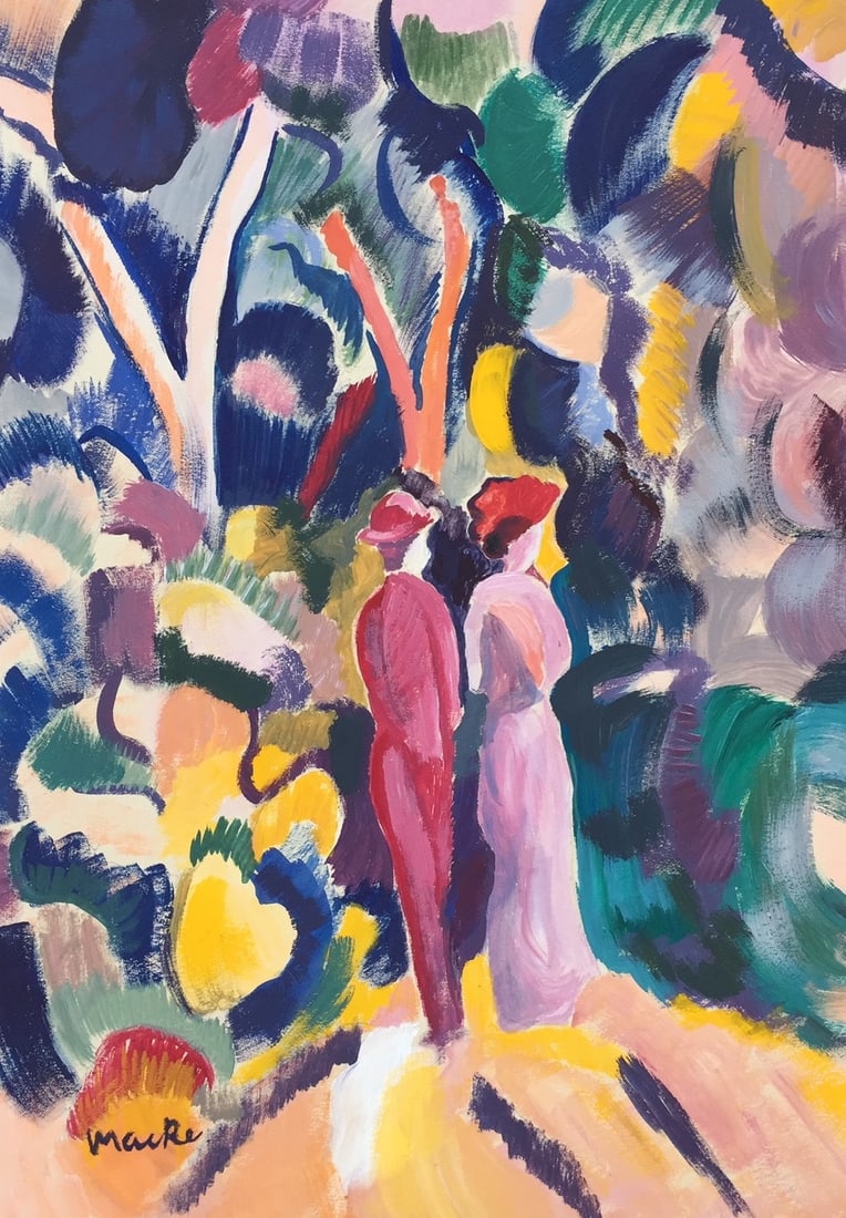 Tempera on paper German Expressionism August Macke two female figures painting: Tempera on paper, painting. Signed lower left. 7,8 x 10,9 in. (19,7 x 27,7 cm). August Macke (1887-1914, German). It is being sold in the manner or style of the artist. Composition with two women.