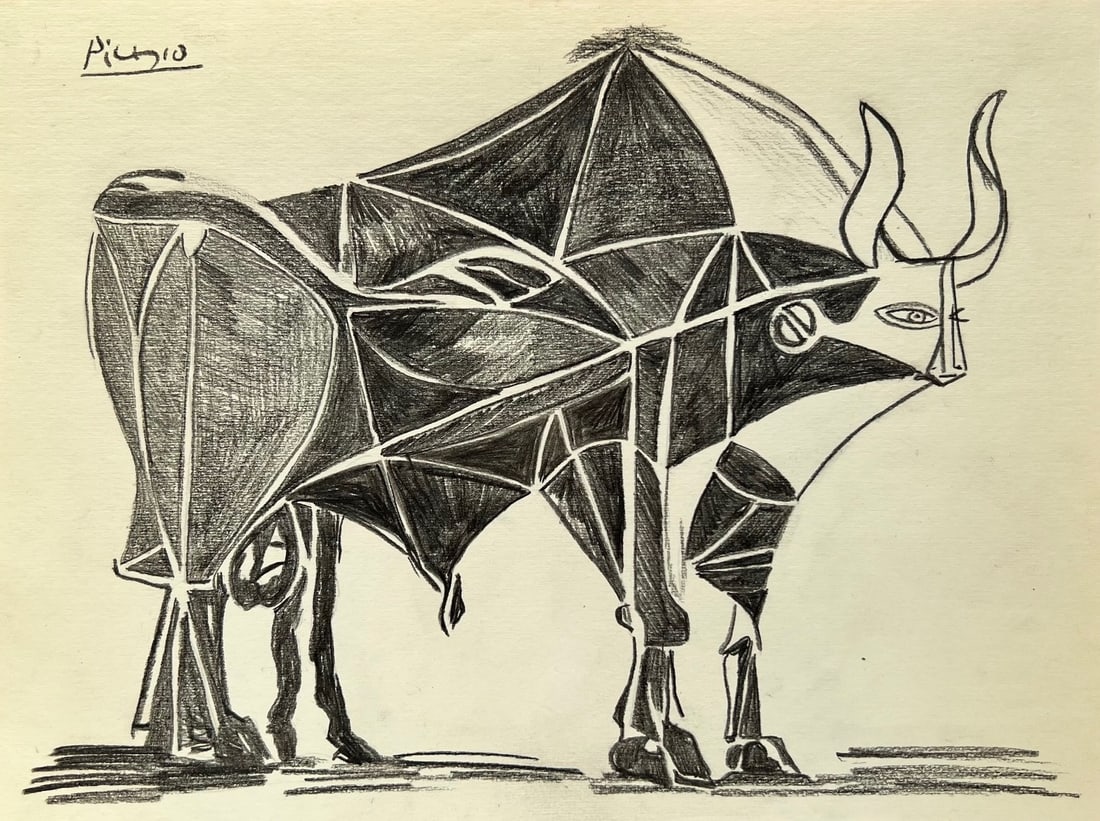 Pablo Picasso charcoal on paper Cubist Spanish art bull (1 of 2)