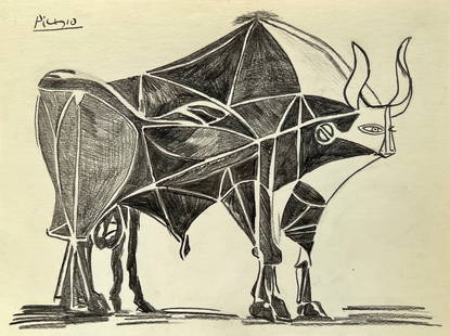 Pablo Picasso charcoal on paper Cubist Spanish art bull: Charcoal on paper, drawing. Signed upper left. From a private collection. 8,5 x 11,2 in. (21,5 x 28,5 cm). Pablo Picasso (1881-1973, Spanish). It is being sold in the manner or style of the artist.