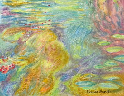 Claude Monet pastel on paper French Impressionism water lilies: Pastel on paper, painting. Signed lower right. From a private collection. 9,8 x 12,6 in. (25 x 32 cm). Claude Monet (1840-1926, French). It is being sold in the manner or style of the artist. Depicts