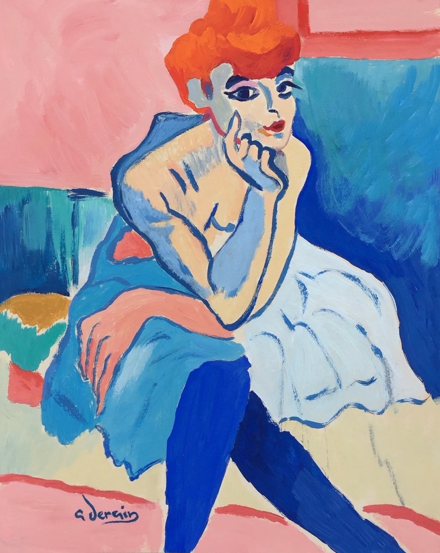 Tempera on paper Andre Derain French Post-Impressionism woman painting: Tempera on paper, painting. Signed lower left. From a private collection. 8,1 x 10,1 in. (20,5 x 25,7 cm). Andre Derain (1880-1954, French). It is being sold in the manner or style of the artist. Comp