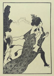 Aubrey Beardsley vintage litho Modern erotic scene English lithograph print nude woman: Vintage offset lithograph on thin paper. Paper size: 7,9 x 10,4 in. (20 x 26,3 cm). Aubrey Vincent Beardsley (1872-1898, English). The litho print demonstrates an erotic scene.