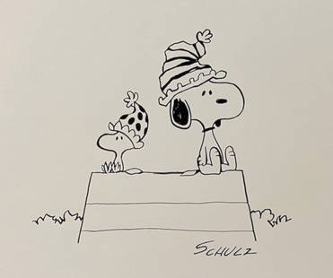 Ink on paper American comics style Charles Schulz children drawing: Ink on paper, drawing. Signed lower right. From a private collection. 10,2 x 12 in. (25,9 x 30,5 cm). Charles M. Schulz (1922-2000, American). It is being sold in the manner or style of the artist. De