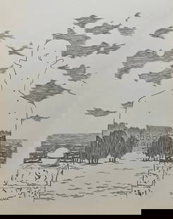Rene Magritte charcoal on paper Belgian Surrealist man bowler hat landscape sea: Charcoal on paper, drawing. Signed lower left. From a private collection. 9,4 x 12 in. (24 x 30,5 cm). Rene Magritte (1898-1967, Belgian). It is being sold in the manner or style of the artist.