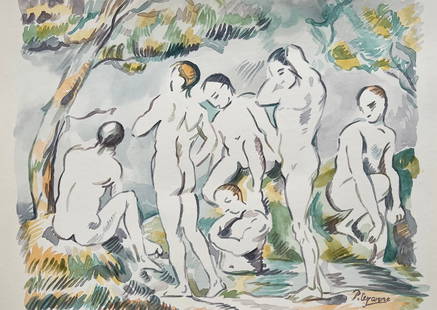 Paul Cezanne watercolor on paper Post-Impressionist French men bathing nudity: Watercolor on paper, painting. Signed lower right. From a private collection. 8,1 x 11,3 in. (20,5 x 28,7 cm). Paul Cezanne (1839-1906, French). It is being sold in the manner or style of the artist.