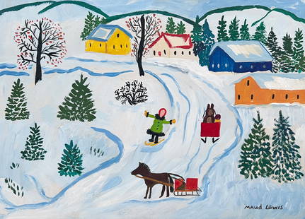 Painting Maud Kathleen Lewis Primitivism Canadian winter landscape: Painting on cardboard. Signed lower right. From a private collection. 7,8 x 10,6 in. (19,8 x 27 cm). Maud Kathleen Lewis (1903-1970, Canadian). It is being sold in the manner or style of the artist.