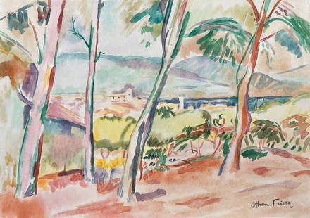 Watercolor on paper Emile Othon Friesz French landscape Fauvist: Watercolor on paper, painting. Signed lower right. From a private collection. 8,3 x 11,6 in. (21 x 29,5 cm). Achille-Emile Othon Friesz (1879-1949, French). It is being sold in the manner or style of