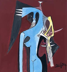 Wifredo Lam gouache on cardboard Cuban Cubist female figure: Gouache on cardboard, painting. Signed lower right. From a private collection. 6,3 x 6,7 in. (16 x 17 cm). Wifredo Lam (1902-1982, Cuban). It is being sold in the manner or style of the artist.