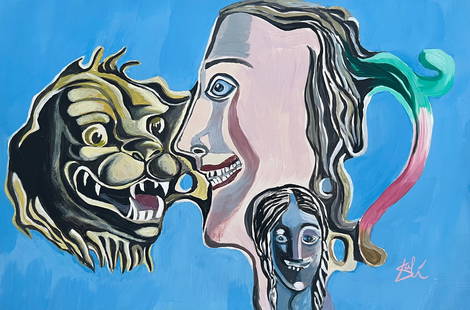 Tempera painting Salvador Dali Spanish Surrealist woman face lion head: Tempera on paper, painting. Signed lower right. From a private collection. 7,9 x 11,7 in. (20 x 29,7 cm). Salvador Dali (1904-1989, Spanish). It is being sold in the manner or style of the artist.