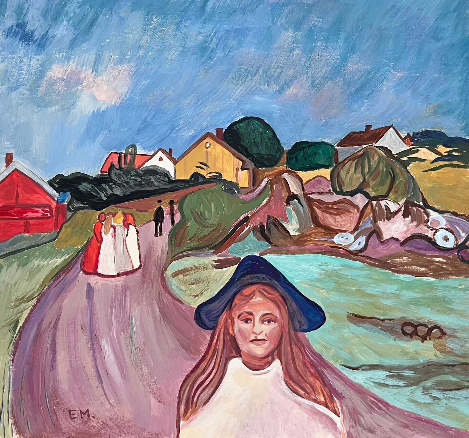 Edvard Munch after Norwegian Expressionism tempera painting woman portrait: Tempera on paper, painting. From a private collection. 9,3 x 10 in. (23,5 x 25,3 cm). Edvard Munch (1863-1944, Norwegian). It is being sold in the manner or style of the artist. Depicts a woman portra