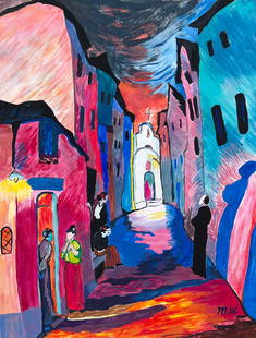 Marianne von Werefkin after Russian Expressionist painting urban landscape city: Oil, tempera on paper, painting. From a private collection. 7,7 x 10,2 in. (19,5 x 26 cm). Marianne von Werefkin (1860-1938, Russian, German, Swiss). It is being sold in the manner or style of the