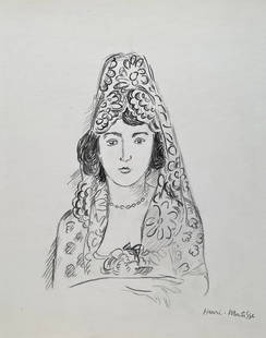 Henri Matisse style of Expressionist French charcoal drawing woman portrait: Charcoal on paper, drawing. From a private collection. 9 x 11,4 in. (22,8 x 28,9 cm). Henri Matisse (1869-1954, French). It is being sold in the manner or style of the artist. Composition with a woman