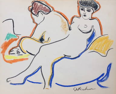 Mixed media on paper Ernst Ludwig Kirchner after Expressionist German women nude: Mixed media on paper. From a private collection. 8,5 x 10,4 in. (21,5 x 26,5 cm). Ernst Ludwig Kirchner (1880-1938, German). It is being sold in the manner or style of the artist. Composition with nud