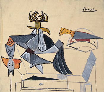 Painting on paper Pablo Picasso after Spanish Cubist still life: Tempera on paper, painting. From a private collection. 8,3 x 9,3 in. (21 x 23,7 cm). Pablo Picasso (1881-1973, Spanish). It is being sold in the manner or style of the artist. The painting depicts a s