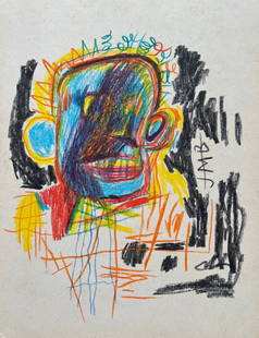 Mixed media Jean-Michel Basquiat after American Abstract Expressionism: Mixed media on thin cardboard. From a private collection. 7,8 x 10,1 in. (19,8 x 25,7 cm). Jean-Michel Basquiat (1960-1988, American). It is being sold in the manner or style of the artist. Depicts a