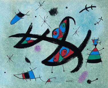 Mixed media on paper Joan Miro style of Spanish Surrealist: Mixed media on paper. From a private collection. 9,8 x 12 in. (25 x 30,5 cm). Joan Miro (1893-1983, Spanish). It is being sold in the manner or style of the artist. The painting demonstrates surreal o