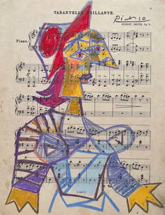 Pablo Picasso after Spanish Cubist pastel painting music paper woman: Pastel on music paper, painting. From a private collection. 9,8 x 12,5 in. (24,8 x 31,7 cm). Pablo Picasso (1881-1973, Spanish). It is being sold in the manner or style of the artist. The painting dem