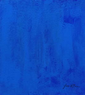 Yves Klein after French Minimalist painting on cardboard blue abstract: Painting on cardboard. From a private collection. 10,1 x 11,4 in. (25,7 x 29 cm). Yves Klein (1928-1962, French). It is being sold in the manner or style of the artist. Featuring an abstract compositi