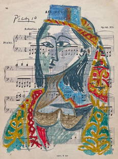 Pablo Picasso style of Spanish Cubist pastel music paper oriental dress odalisque harem: Pastel on music paper, painting. From a private collection. 9,2 x 12,2 in. (23,4 x 31 cm). Pablo Picasso (1881-1973, Spanish). It is being sold in the manner or style of the artist. The painting depic