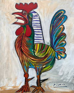 Pablo Picasso after Spanish Cubism mixed media on paper art rooster: Mixed media on paper. From a private collection. 9 x 11,4 in. (23 x 29 cm). Pablo Picasso (1881-1973, Spanish). It is being sold in the manner or style of the artist. The painting depicts a rooster in