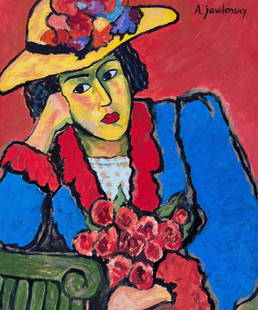 Alexej von Jawlensky style of Russian Expressionism painting on cardboard portrait: Painting on cardboard. From a private collection. 7,8 x 9,3 in. (19,8 x 23,5 cm). Alexej von Jawlensky (1864-1941, Russian). It is being sold in the manner or style of the artist. Depicts a colorful p