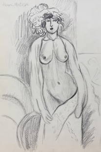 Charcoal on paper Henri Matisse after Expressionism French nude woman: Charcoal on paper, drawing. 8 x 12 in. (20,4 x 30,5 cm). From a private collection. Henri Matisse (1869-1954, French). It is being sold in the manner or style of the artist. The painting demonstrates