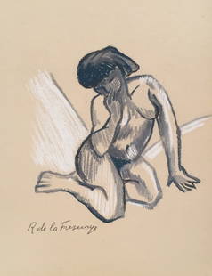 Drawing Roger De La Fresnaye style of French Cubism nude woman: Pastel, charcoal on paper, drawing. From a private collection. Roger De La Fresnaye (1885-1925, French). 8,8 x 11,6 in. (22,3 x 29,5 cm). It is being sold in the manner or style of the artist. Depicts