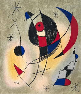 Mixed media on paper Joan Miro style of Spanish Surrealism: Mixed media on paper. From a private collection. 10 x 11,6 in. (25,5 x 29,5 cm). Joan Miro (1893-1983, Spanish). It is being sold in the manner or style of the artist. The painting demonstrates abstra