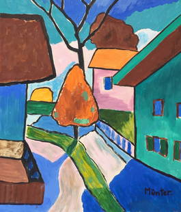 Tempera on paper Gabriele Munter style of German Expressionist landscape: Tempera on paper, painting. From a private collection. 7,9 x 9,3 in. (20 x 23,7 cm). Gabriele Munter (1877-1962, German). It is being sold in the manner or style of the artist. Featuring an expression