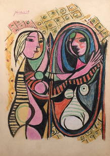 Mixed media on paper Pablo Picasso style of Cubist Spanish woman mirror: Mixed media on paper. From a private collection. 8,4 x 11,9 in. (21,2 x 30,2 cm). Pablo Picasso (Spanish, 1881-1973). It is being sold in the manner or style of the artist. The painting demonstrates a