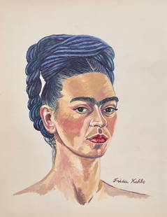 Frida Kahlo after Surrealist Mexican self-portrait painting tempera on paper: Tempera on paper, painting. From a private collection. 9,1 x 11,4 in. (23 x 29 cm). Frida Kahlo (Mexican, 1907-1954). It is being sold in the manner or style of the artist. Depicts a self-portait of F