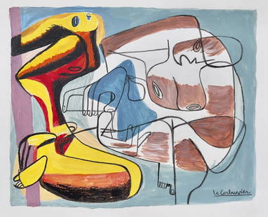 Mixed media on paper Le Corbusier style of French Expressionist nude women painting: Mixed media on paper. From a private collection. 8,1 x 10 in. (20,5 x 25,4 cm). Le Corbusier (1887-1965, French, Swiss). It is being sold in the manner or style of the artist. Depicts a composition wi