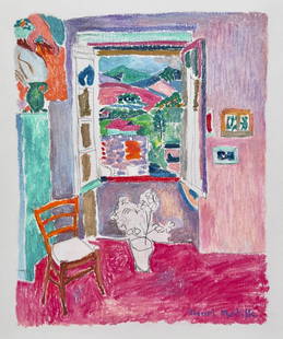 Henri Matisse after French Expressionist pastel on paper interior painting: Pastel on paper, painting. From a private collection. 9,8 x 11,6 in. (24,9 x 29,5 cm). Henri Matisse (1869-1954, French). It is being sold in the manner or style of the artist. The painting depicts an