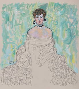 Mixed media on paper Gustav Klimt after Austrian Modernist woman portrait: Mixed media on paper, painting. 8,3 x 9,5 in. (21,1 x 24,1 cm). From a private collection. Gustav Klimt (1862-1918, Austrian). It is being sold in the manner or style of the artist. Composition with a