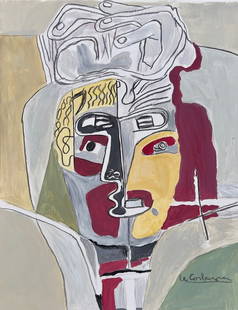 Mixed media on paper Le Corbusier style of French Expressionist female face painting: Mixed media on paper. From a private collection. 7,2 x 9,3 in. (18,2 x 23,5 cm). Le Corbusier (1887-1965, French, Swiss). It is being sold in the manner or style of the artist. Depicts a composition w