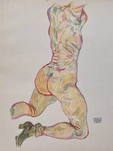 Egon Schiele after Austrian Expressionism mixed media on paper erotic: Mixed media on paper. From a private collection. 8,9 x 11,6 in. (22,5 x 29,5 cm). Egon Schiele (1890-1918, Austrian). It is being sold in the manner or style of the artist. Depicts the body of a nude