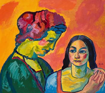 Cuno Amiet after Swiss Post-Impressionism gouache on paper portrait painting woman and girl family: Gouache on paper, painting. 8,5 x 8,7 in. (21,7 x 22,2 cm). From a private collection. Cuno Amiet (1868-1961, Swiss). It is being sold in the manner or style of the artist. Depicts a portrait with a w