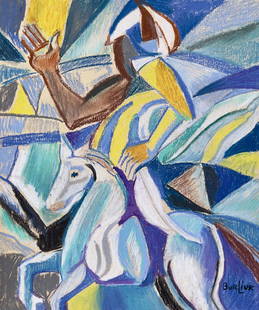 Pastel on paper David Burliuk style of Ukrainian American Cubist horse rider: Pastel on paper, painting. From a private co llection. 8,1 x 9,6 in. (20,5 x 24,5 cm). David Burliuk (1882-1967, Ukrainian - American). It is being sold in the manner or style of the artist. Depicts a