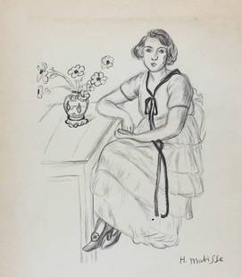 Charcoal drawing Henri Matisse style of Expressionism French woman with flowers: Charcoal on paper, drawing. From a private collection. 8,8 x 10,2 in. (22,5 x 26 cm). Henri Matisse (1869-1954, French). It is being sold in the manner or style of the artist. Composition with a seate