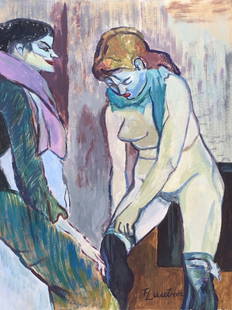 Painting Henri de Toulouse Lautrec after French Post-Impressionist two women: Tempera on cardboard, painting. From a private collection. 7,8 x 10,6 in. (19,8 x 27 cm). Henri de Toulouse Lautrec (1864-1901, French). It is being sold in the manner or style of the artist. Featurin