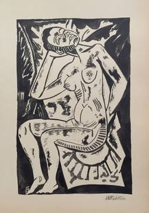 Max Pechstein style of German Expressionist ink on paper nude woman: Ink on paper, drawing. From a private collection. 8 x 11,8 in. (21 x 30 cm). Max Pechstein (1881-1955, German). It is being sold in the manner or style of the artist. Seated nude woman.