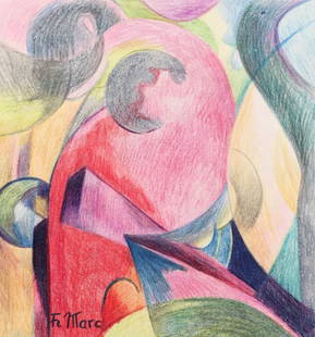 Franz Marc after German Expressionist drawing on paper geometric abstraction: Crayon on paper, drawing. From a private collection. 8,3 x 8,9 in. (21 x 22,5 cm). Franz Marc (1880-1916, German). It is being sold in the manner or style of the artist. Abstract pink composition.