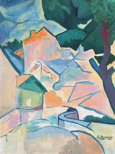 Georges Braque after Cubism French landscape painting on cardboard: Tempera on canvas on cardboard, painting. From a private collection. 7 x 9,4 in. (18 x 24 cm). Georges Braque (1882-1963, French). It is being sold in the manner or style of the artist. The painting d