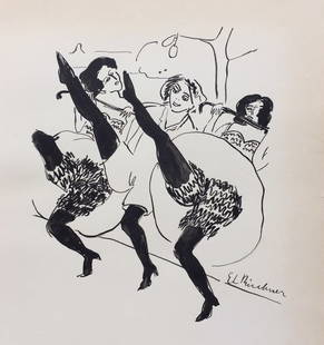 Ink on paper Ernst Ludwig Kirchner after Expressionist German dancing women: Ink on paper, drawing. From a private collection. 8,9 x 9,6 in. (22,7 x 24,5 cm). Ernst Ludwig Kirchner (1880-1938, German). It is being sold in the manner or style of the artist. Composition with dan