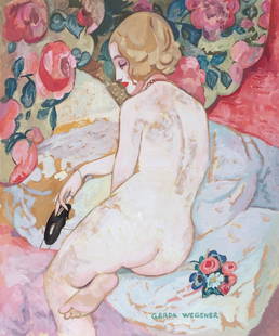 Gerda Wegener after Danish Modern painting on paper nude woman: Mixed media on paper, painting. From a private collection. 10,4 x 12 in. (26,5 x 30,5 cm). Gerda Wegener (1886-1940, Danish). It is being sold in the manner or style of the artist. Featuring a nude wo