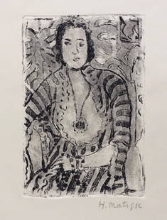 Henri Matisse linocut etching Expressionism French female portrait woman: Linocut etching on paper. From a private collection. 9,7 x 13 in. (24,6 x 33 cm). Henri Matisse (1869-1954, French). It is being sold in the manner or style of the artist. Depicts a portrait of sittin