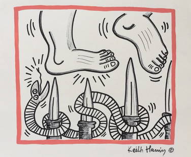 Mixed media Keith Haring style of American Pop Art snake knife: Mixed media on paper, drawing. From a private collection. Keith Haring (1958-1990, American). 7,6 x 9,3 in. (19,3 x 23,5 cm). It is being sold in the manner or style of the artist.